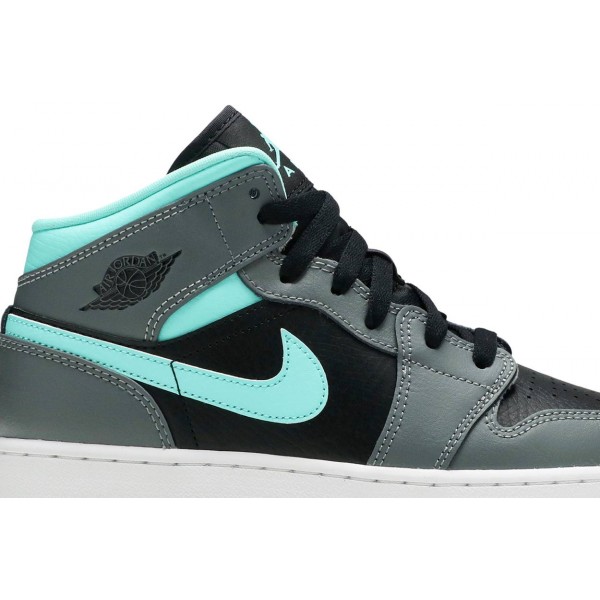 Jordans 1 Mid GS Grey Aqua
 554725 063 Weiß/Schwarz/Light Solar Flare Heather/Hyper Royal Jordan Damen/Herren