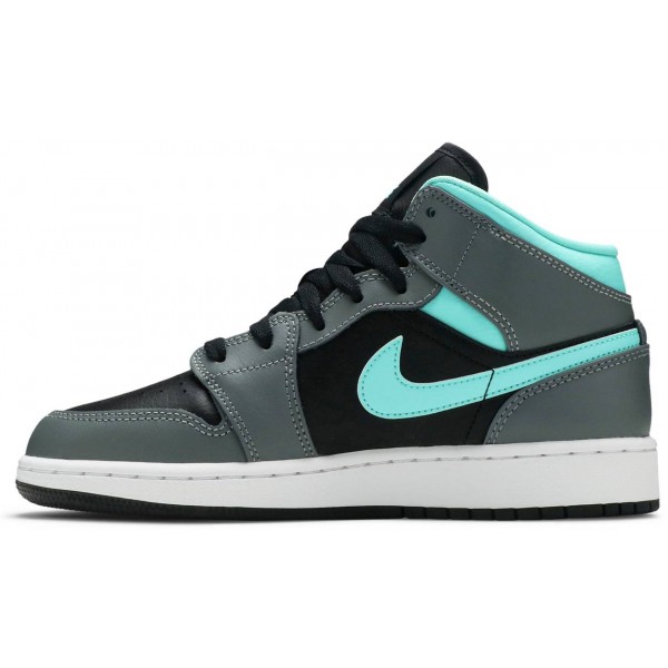 Jordans 1 Mid GS Grey Aqua
 554725 063 Weiß/Schwarz/Light Solar Flare Heather/Hyper Royal Jordan Damen/Herren